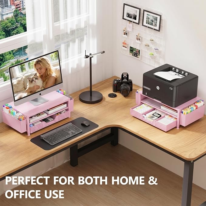 OPNICE Desk Organizers and Accessories, 2-Tier Computer Monitor Stand Riser with Drawer and 2 Pen Holders, Laptop Stand, Office Desk Accessories for Office Supplies, Pink