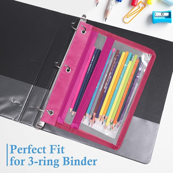 YoeeJob 6 Pack Zipper Pencil Pouches for 3 Ring Binder, 1.5 Inch Expandable with 2 Pockets and Clear Window for School and Office（Colorful）