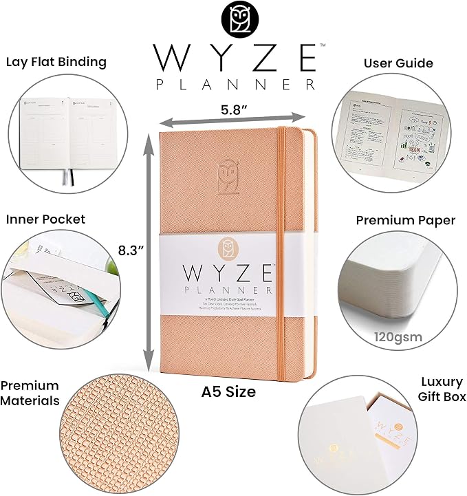 Wyze Planner Undated Daily Planner – 6-Month A5 Productivity Organizer with Full Page Per Day, ADHD Friendly, Hourly Schedule, Goal Setting, Habit Tracker, Weekly & Monthly Pages – Hardcover Time Management Notebook (Rose Gold)