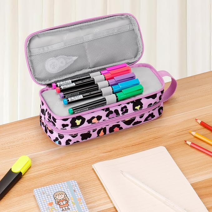 Choco Mocha Girls Pencil Case for Kids, Soft Large Zipper Pencil Pouch for Kids with 2 Compartments Girls Pencil Case for School Leopard Pencil Bag, Cheetah Pink