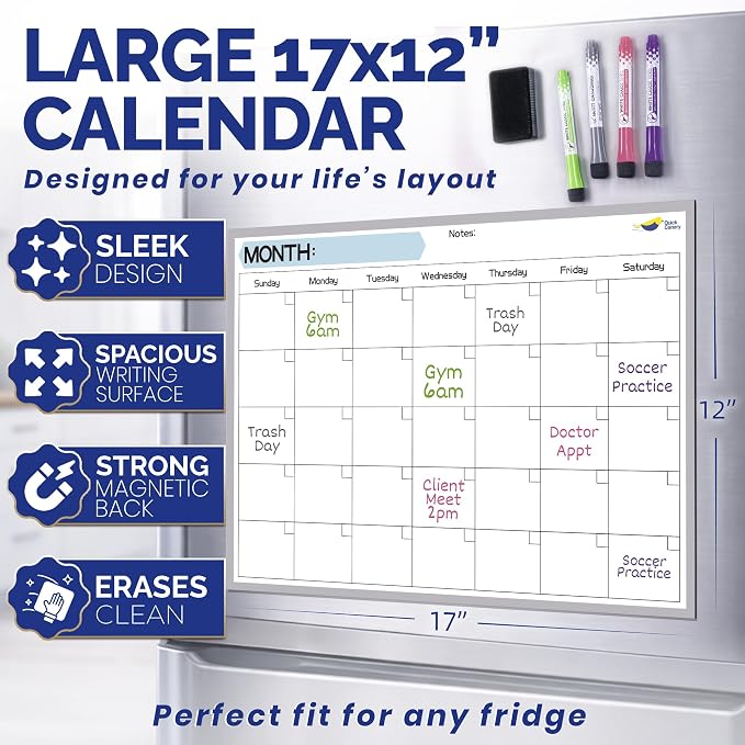 Monthly Magnetic Calendar for Refrigerator - 17x12” Stain-Resistant Dry Erase Fridge Calendar Whiteboard with Large Writing Space for Schedules, Chores & Meals - With 4 Markers & Eraser - Sunday Start