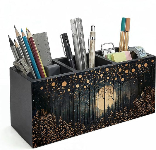 Rustic Gold William Morris Inspired Night Moon Forest Wooden Pencil Pen Holder for Desk Organizers and Accessories,Vintage Nature Botanical Makeup Brush Holder Organizer for Bathroom Vanity