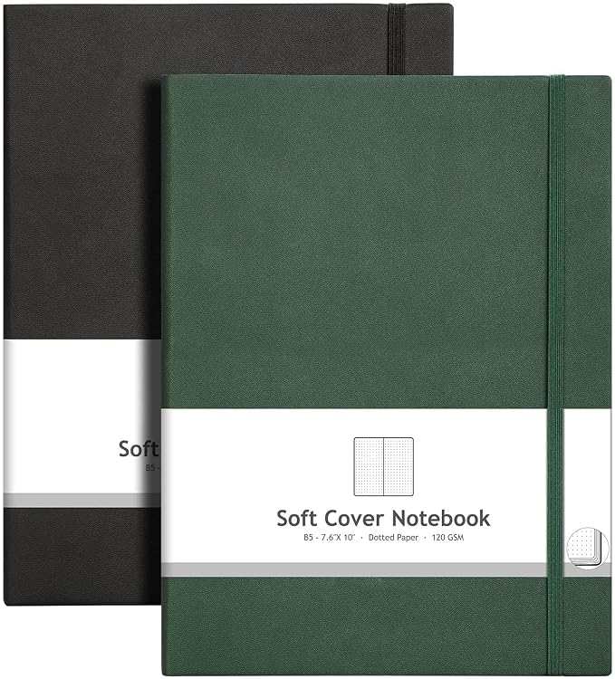 AHGXG Dotted Journal Notebook, 384 Pages, 120GSM, B5 (7.6'' × 10'') | 2 Pack, Leather Hardcover, for Journaling, Planning, Tracking (BlackGreen)