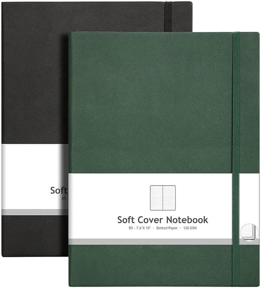 AHGXG Dotted Journal Notebook, 384 Pages, 120GSM, B5 (7.6'' × 10'') | 2 Pack, Leather Hardcover, for Journaling, Planning, Tracking (BlackGreen)