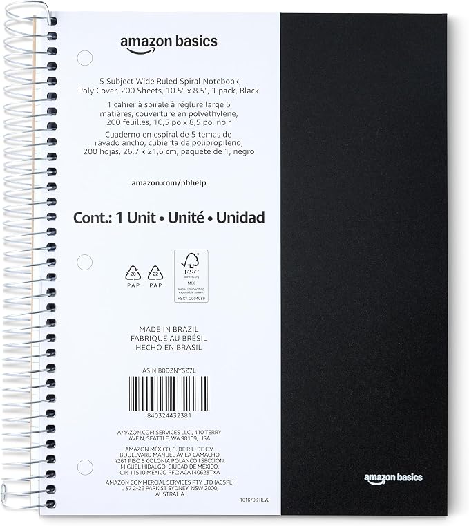 Amazon Basics Wide Ruled Spiral Notebook, Poly Cover, 5 Subject, For Work and School, 200 Sheets, 8.5" x 10.5", Black, 1-Pack