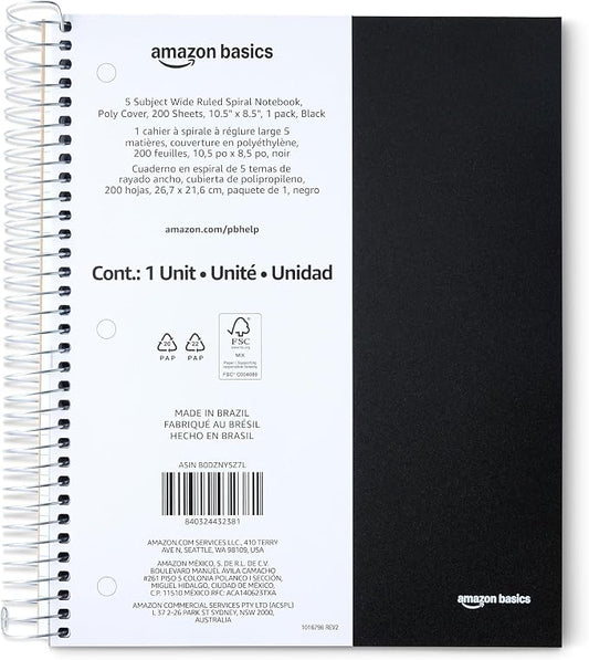 Amazon Basics Wide Ruled Spiral Notebook, Poly Cover, 5 Subject, For Work and School, 200 Sheets, 8.5" x 10.5", Black, 1-Pack