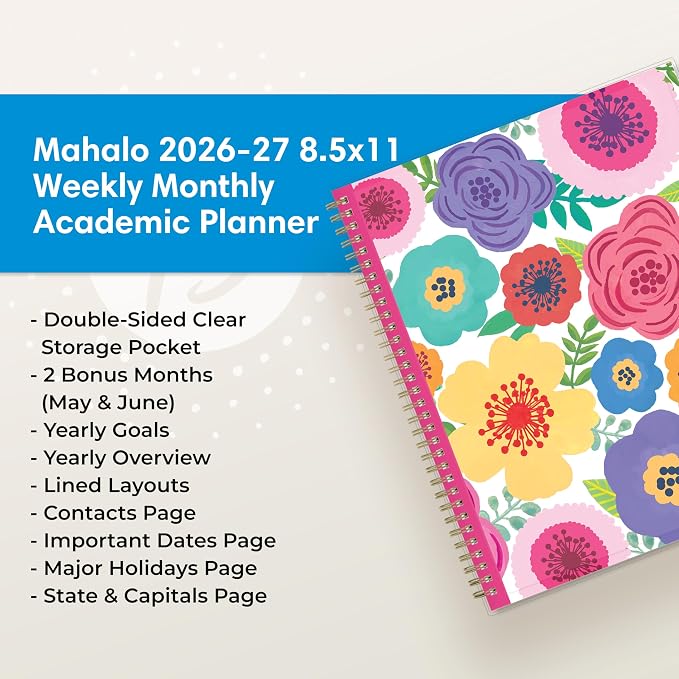 Blue Sky 2026-2027 Weekly & Monthly Academic Planner, 8.5"x11", Mahalo | July 2026 - June 2027, Flexible Pocket Cover, Wirebound, Storage Pocket, Laminated Tabs, Academic Year