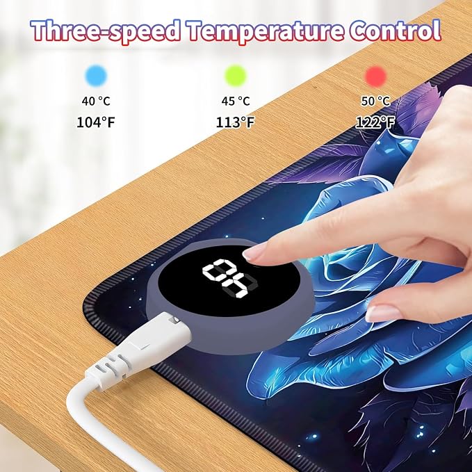 Heated Desk Pad Large Mouse Pad 23.6 x 14.1 inch with 3 Levels Heating & Auto Shut-Off Warm Mouse pad PU Leather Computer Mousepad for Home Office Work - Blue and Purple Rose Flower