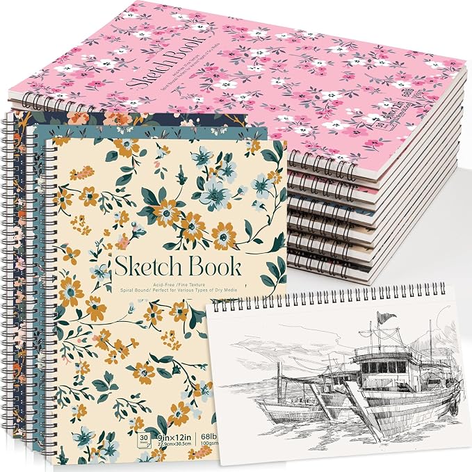 12 Pack Sketch Book, 9 x 12Inch Sketchbook, 68lb/100gsm Top Spiral Bound Sketch Pad, Acid Free Art Supplies Drawing Painting Sketching Paper for Woman Artists (30 Sheets Each)