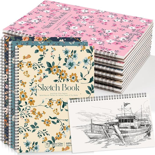 12 Pack Sketch Book, 9 x 12Inch Sketchbook, 68lb/100gsm Top Spiral Bound Sketch Pad, Acid Free Art Supplies Drawing Painting Sketching Paper for Woman Artists (30 Sheets Each)