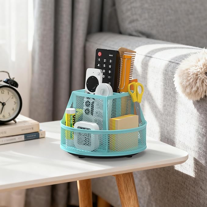 Docnest 360°Rotating Mesh Desk Organizer,6-Compartment Pen Holder,Blue | Heavy-duty metal holder with removable divider. Space-saving stationery storage for pencils, scissors & markers