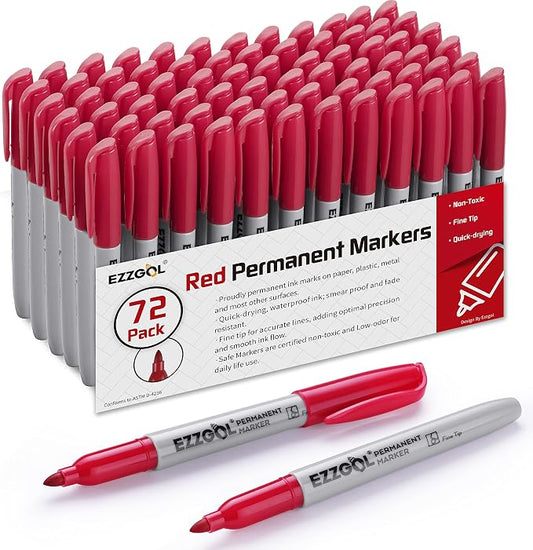 Ezzgol Permanent Markers Bulk, 72 Pack Red Permanent Marker Set, Fine Tip, Waterproof Markers, Premium Smear Proof Pens, Waterproof, Quick Drying, Office Supplies for School, Office, Home
