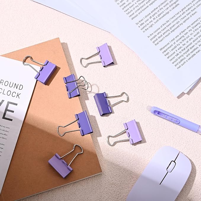 Temiary Aesthetic Binder Clips, Small Metal Binder Clip with Clear Storage Container, Binding Paperwork Clamps for School Teachers Office Supplies (Purple 0.75 Inch, 40P)