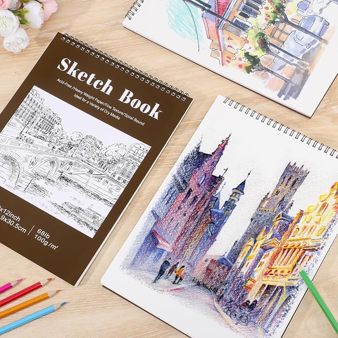 4 Pack Sketch Book, 9 x 12 Inch Sketchbook, 68lb/100gsm Top Spiral Bound Sketch Pad, Acid Free Art Supplies Drawing Painting Sketching Paper for Kids, Beginners, Artists (Tan)
