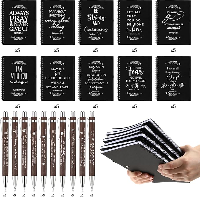 Kosiz 100 Pcs/ 50 Set Christian Gift Bulk A5 Spiral Notebook 5.5"x8.3" Christian Prayer Journal Bible Ballpoint Pen Religious Gift for Women Sunday School Church Member Back to School Gifts (Black)