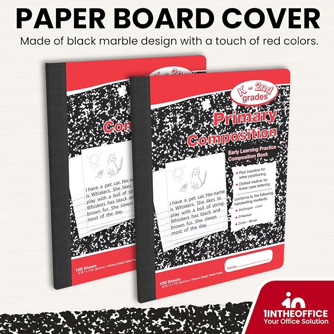 1InTheOffice Primary Composition Notebook K-2, Primary Journal, Kindergarten Notebook, 7.5" x 9.75", 100/Sheets, Red/Black Marble, 2 Pack
