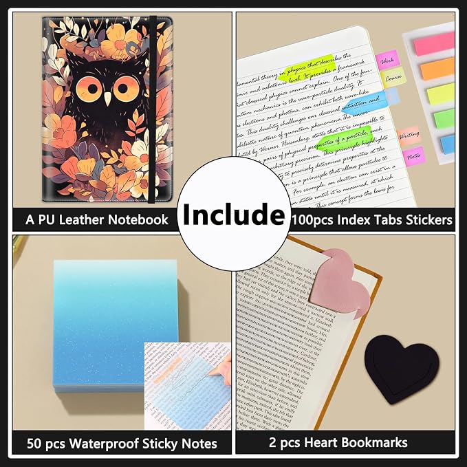 A5 Leather Lined Journal Notebook, 200 Pages Hardcover Executive Notebook for Men Women Office School Note Taking, Thick Writing Paper Daily Journal with Bookmarks/Indexes, Flower Owl