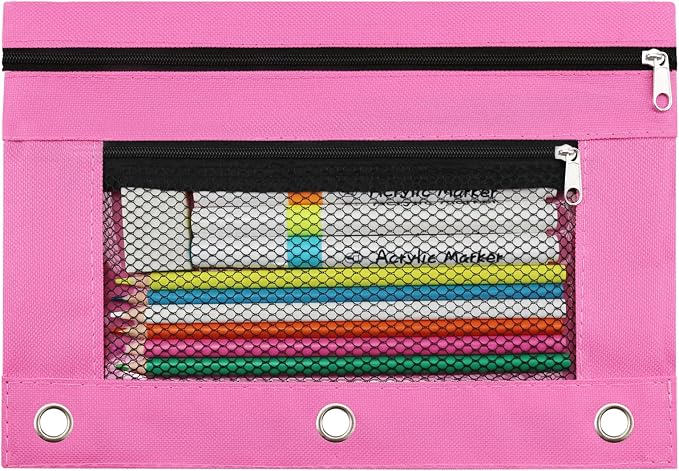 3 Ring Pencil Pouch for Binder, 2-Pocket Zipper Pencil Case with Clear Window & Mesh Pocket, Heavy Duty 600D Oxford Fabric Binder Pouch for School Office Supplies, Fits Standard 3-Ring Binders, Pink