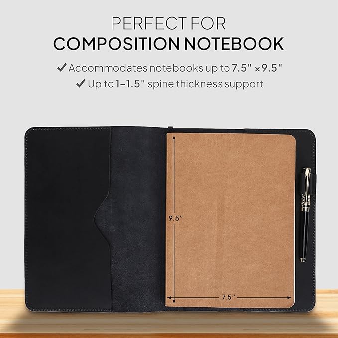 XL Leather Journal Cover Black 7.5 x 9.5 Inch – Refillable Genuine Leather Cover for Composition Notebook, B5 Planner & Diary – Handmade Protective Travel Writing Case