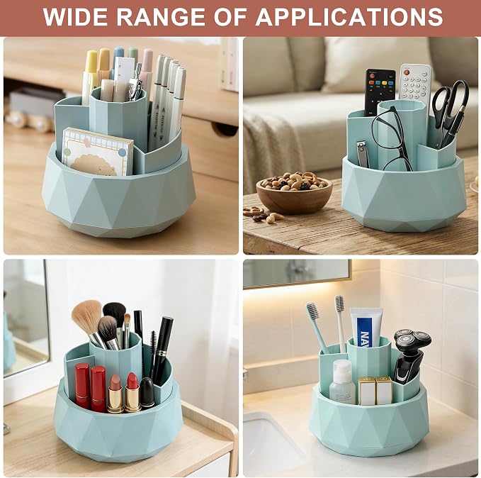 360° Rotating Pen Holder, Large Capacity Pencil Organizer with 4 Compartments for Office and Art Supplies (Blue)