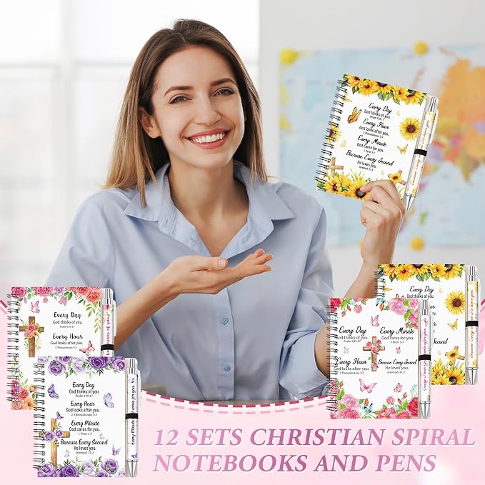 Colarr 12 Sets Christian Notebooks Bulk Christian Gifts for Women Pen and Notebook Gift Set Religious Prayer Journal for Woman Church Scripture Note books with Bible Verse Pens(Every Day)
