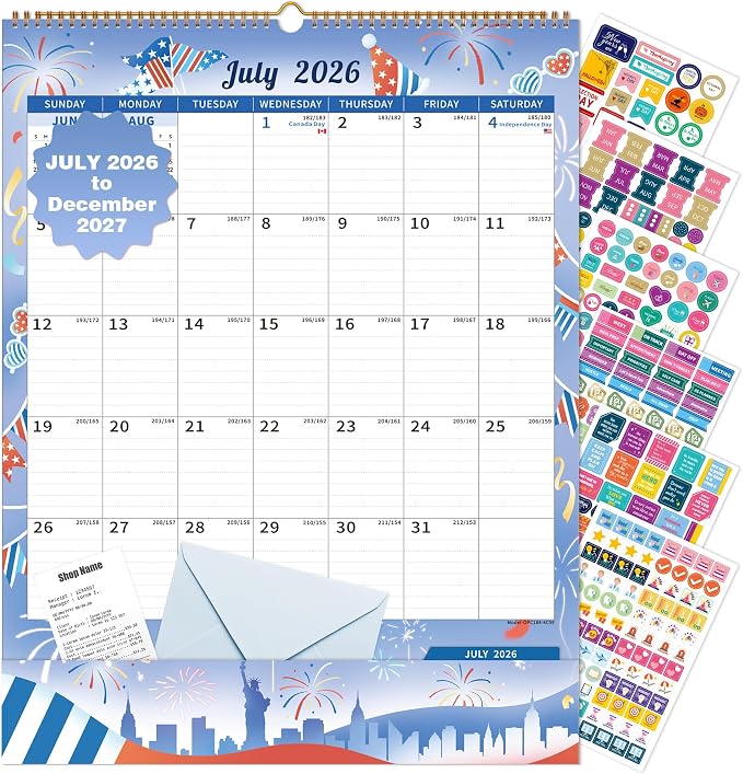 Ospelelf Wall Calendar 2026-2027 Monthly Large Planner Pad 17" X 22" with Storage Pockets Protective Cover and Stickers for Family Fridge Office Teacher Student Use July 2026 to December 2027 Season