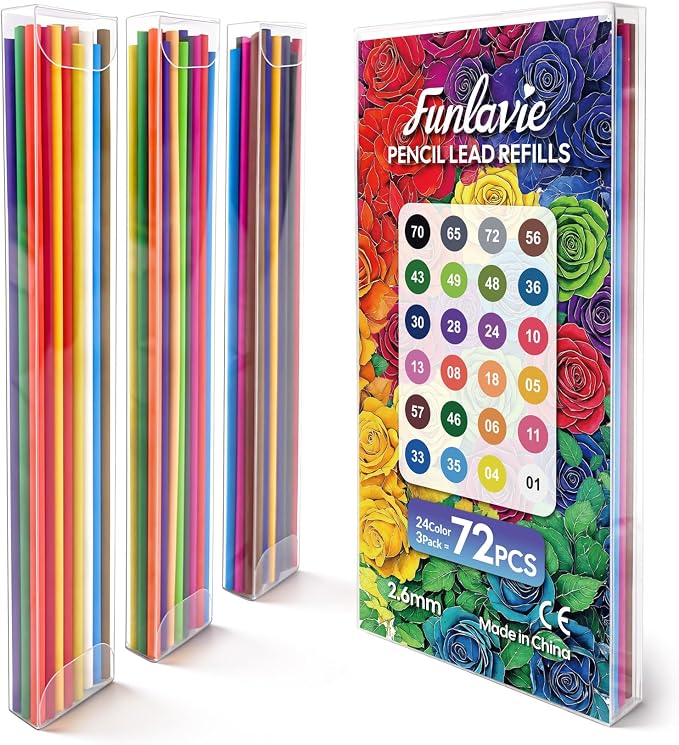 FUNLAVIE 2.6MM Colored Mechanical Pencil Lead Refills, 24 Assorted Color Pencils Refills, 3-Pack (72 PCS) – Oil-Based Soft Core Drawing Pencils, Vividly Brilliant Colors for Art & Sketching