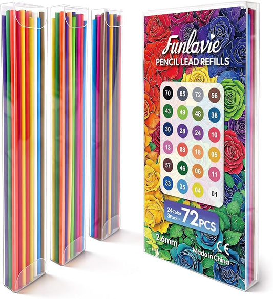 FUNLAVIE 2.6MM Colored Mechanical Pencil Lead Refills, 24 Assorted Color Pencils Refills, 3-Pack (72 PCS) – Oil-Based Soft Core Drawing Pencils, Vividly Brilliant Colors for Art & Sketching