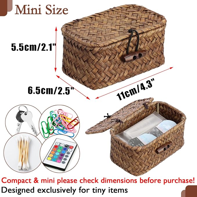 Seagrass Basket Bin with Lid Mini Size Handwoven Wicker Storage Container Storage Basket Decorative Desktop Organizer for Shelf Bathroom Home Decor, 4.3"x2.5"x2.1"