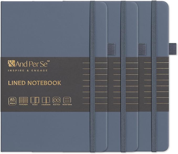 &And Per Se Lined Notebooks 3-Pack Gift Set, A5 Hardcover Journals, 160 Pages 100gsm Thick Paper, Journaling Notebook for Office, School (Dark Blue)