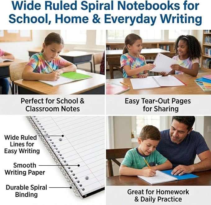 Trail maker Bulk Notebooks (50 Pack), One Subject Notebooks Wide Ruled, 140 Pages (70 Sheets),Spiral Bulk Notebooks for Kids, School Supplies, Journaling, Note Taking, Students, and Work