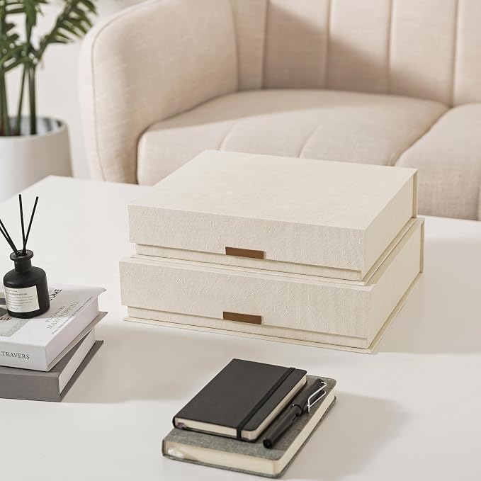 Soul & Lane - Letter Keepsake Storage Box, Magnetic Lid, Set of 2, Beige | Decorative Photo and Document Organizer, Memory Case for Pictures, Cards and Albums, Elegant Home Office Storage Holder