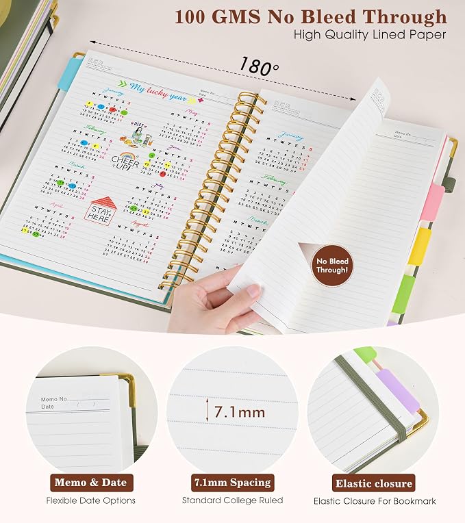 Hardcover Large Spiral Notebook journal with Removable Dividers Tabs, 300 pages Leather 5 Subject Notebook College Ruled, 8" x 10"Journal for Women Men, Notebooks for Work School Note taking,B5 Green
