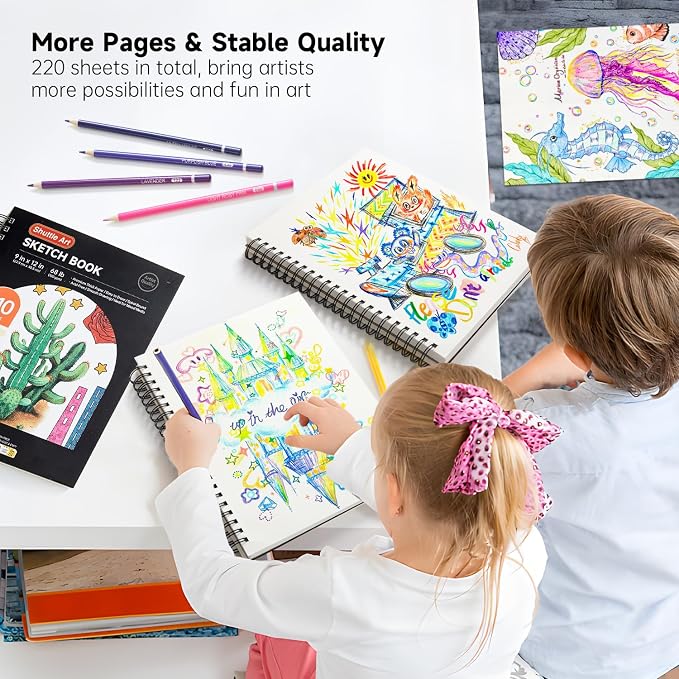 Shuttle Art 9x12” Sketchbook, 220 Sheets Total, Pack of 2(110 Sheets Each), 68lb/100gsm Thick Paper, Spiral Bound Mixedmedia Sketch Pad, Acid-free Drawing Pad for Kids Adults Artists Sketching Drawing