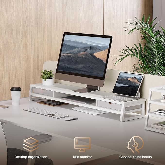 Fenge Dual Monitor Stand Riser, 42.5in Desk Shelf with 2 Drawers, White | 2-Tier Monitor Shelf for Desk, Storage Drawer with Stopper, Frosted, fit Home Office, Ultrawide Screen, PC, Laptop, TV
