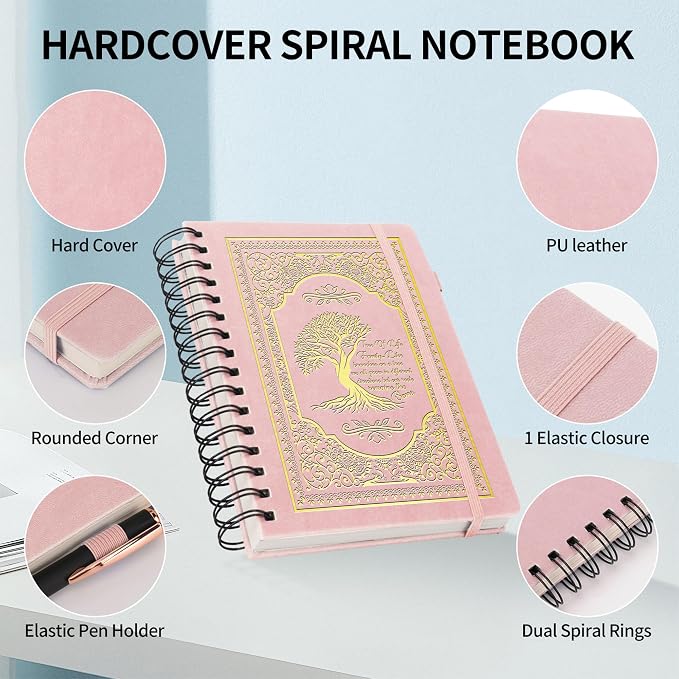 A5 Hardcover Spiral Notebook Tree of Life Journal Daily Journals for Writing Travel Notebooks Journal for Women Men 80GSM Paper Leather Spiral Journal,5.7"x8.3"（Spiral Tree -Pink)
