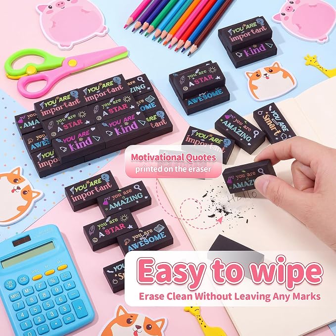 Resurhang 180 Pcs Erasers Bulk for Kids Inspirational Pencil Erasers Bulk for Drawing Motivational Big Eraser School Supplies for Classrooms Back to School Office (Inspirational,Black)