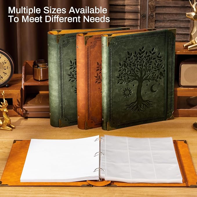 Ovesmusl PU Leather 3 Ring Binder Fits 8.5"x11" Letter Size Paper, 1.5 Inch Round Ring Binder Holds 350 Sheets, Notepad Paper Cover Loose Leaf Organizer, Green Tree