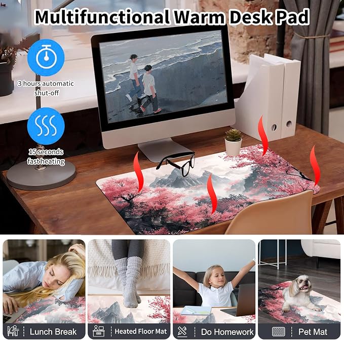 Heated Desk Pad Mouse Pad,Heated Desk Mat,with 3 Heating Levels & 3 Hours Auto Shut-Off,Leather 23.6"*14.2" Gaming Mouse Laptop Mat,Foot Warmer,Watercolor Tree Mountain