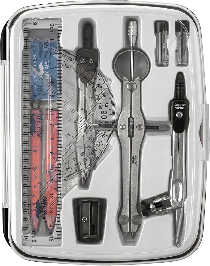 Mr. Pen- Geometry Set, 13 pcs, 3 Metal Compasses, Protractor, 6" Ruler | 45° & 30°/60° Set Squares, Pencils, Lead Refills, Sharpener & Eraser for Math, Drafting & Classroom Use