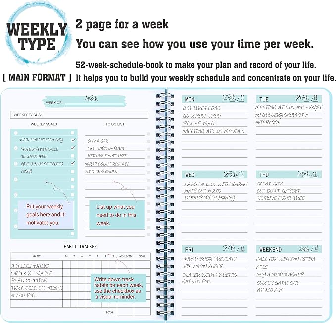 Undated Weekly Planner- Weekly Goals Notebook, A5 To Do List Planner, Habit Tracker Journal with Spiral Binding, 5.7 x 8.0 inches