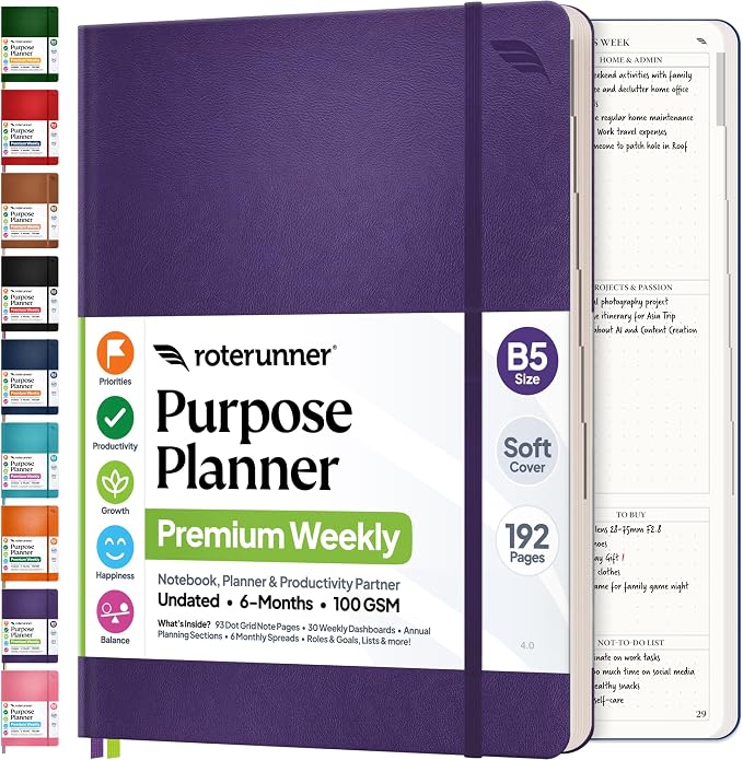 Roterunner Purpose Planner Notebook B5 7.5”x9.8” Undated 2026 Daily Weekly and Monthly Productivity Goal Setting Tool for Work Home ADHD Planner for Adults Self Care Journal (Purple Softcover)