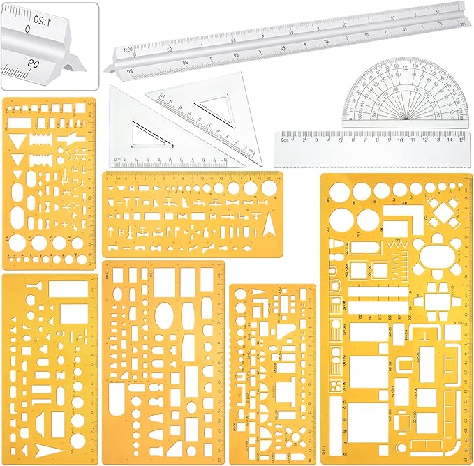 Zonon 10 Pcs Plastic Drawing Template Ruler Geometric Drawing 12 Inch Triangular Aluminum Architect Scale Measuring Templates Building Geometric Kit Plastic Ruler for Drafting(Stylish,Yellow)