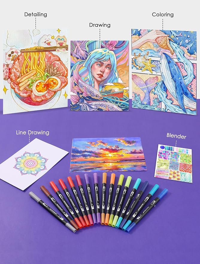 TOSHARE 36 Colors Brush & Fine Dual Tip Watercolor Markers for Adult Coloring Books No Bleeding Paint Pens For Drawing Note Taking Planner Calligraphy Journaling Card Making Back-to-School Supplies