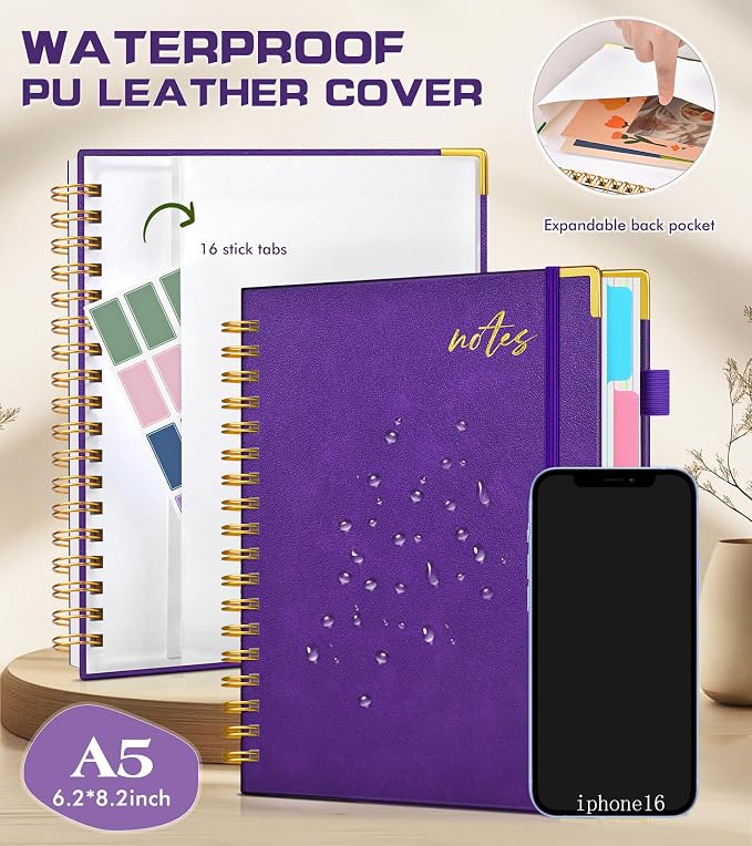 5 Subject Spiral Notebook Journal with Removable Dividers Tabs, 300 Pages Organizer Notebooks for Work School, A5 Hardcover Leather Notebook College Ruled, Lined Journal for Women Men，Purple