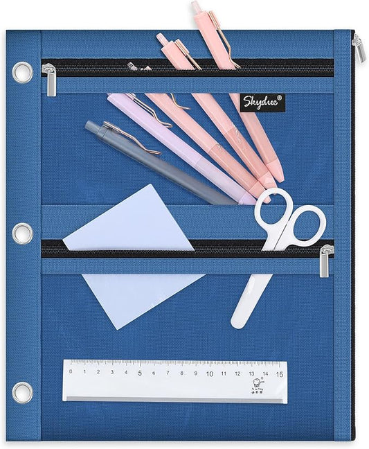 SKYDUE Binder Pencil Pouch for 3 Ring Binder, 3 Compartment Zipper Case, Large Capacity Pen Organizer with Clear PVC Window for School Supplies, Students, Kids & Teachers