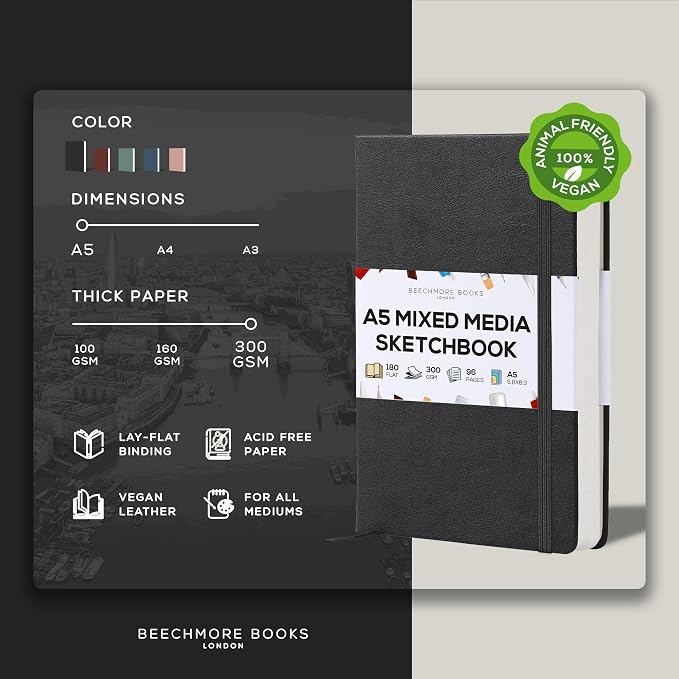 Beechmore Books 300 GSM Heavyweight Mixed Media Sketchbook A5 5.8" x 8.3" Vegan Leather Hardcover Professional Art Journal for Paintings, Gouache and Ink