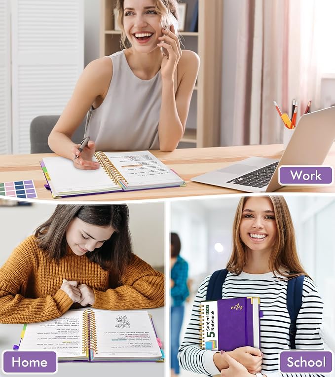 5 Subject Spiral Notebook Journal with Removable Dividers Tabs, 300 Pages Organizer Notebooks for Work School, A5 Hardcover Leather Notebook College Ruled, Lined Journal for Women Men，Purple