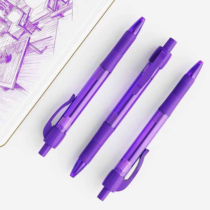 deegtran Pens Bulk, 30 Pack No Bleed Purple Ink Click Pens with Soft Grip, Wholesale Retractable Ballpoint Pens for Office School, Medium Point Smooth 1.0MM