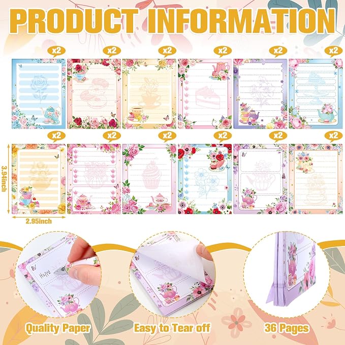 Eaasty 48 Pcs Tea Party Favors Spring Floral Notepads and Ballpoint Pens with Ribbon Vintage Teapot Flower Tea Party Gifts for Birthday Wedding Bridal Shower Office Supplies